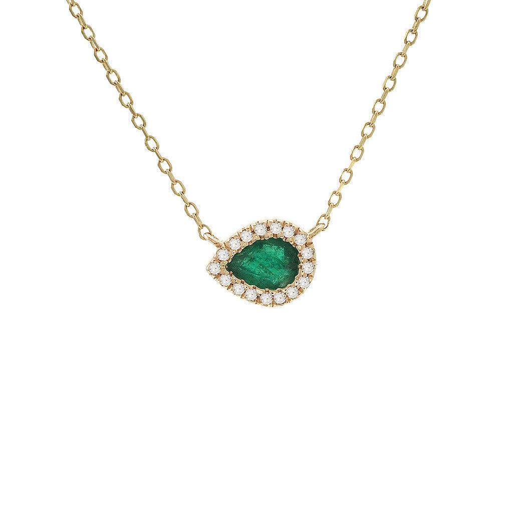 Emerald Halo Pear Shape Necklace in 14 Karat Yellow Gold - 0.18 Carat