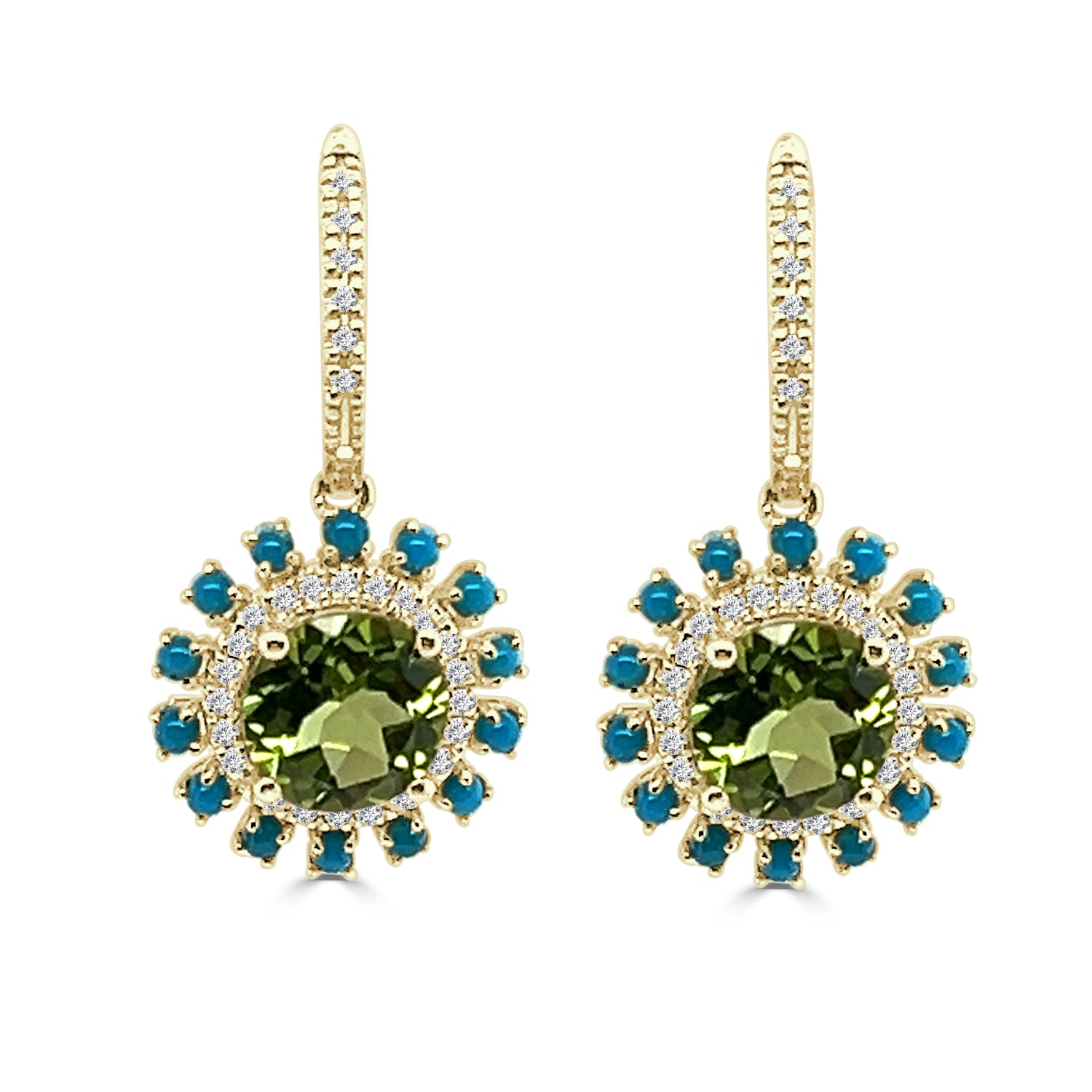 Peridot and Diamond Turquoise Halo Drop Earrings in 14K Yellow Gold - 2.00 Carats