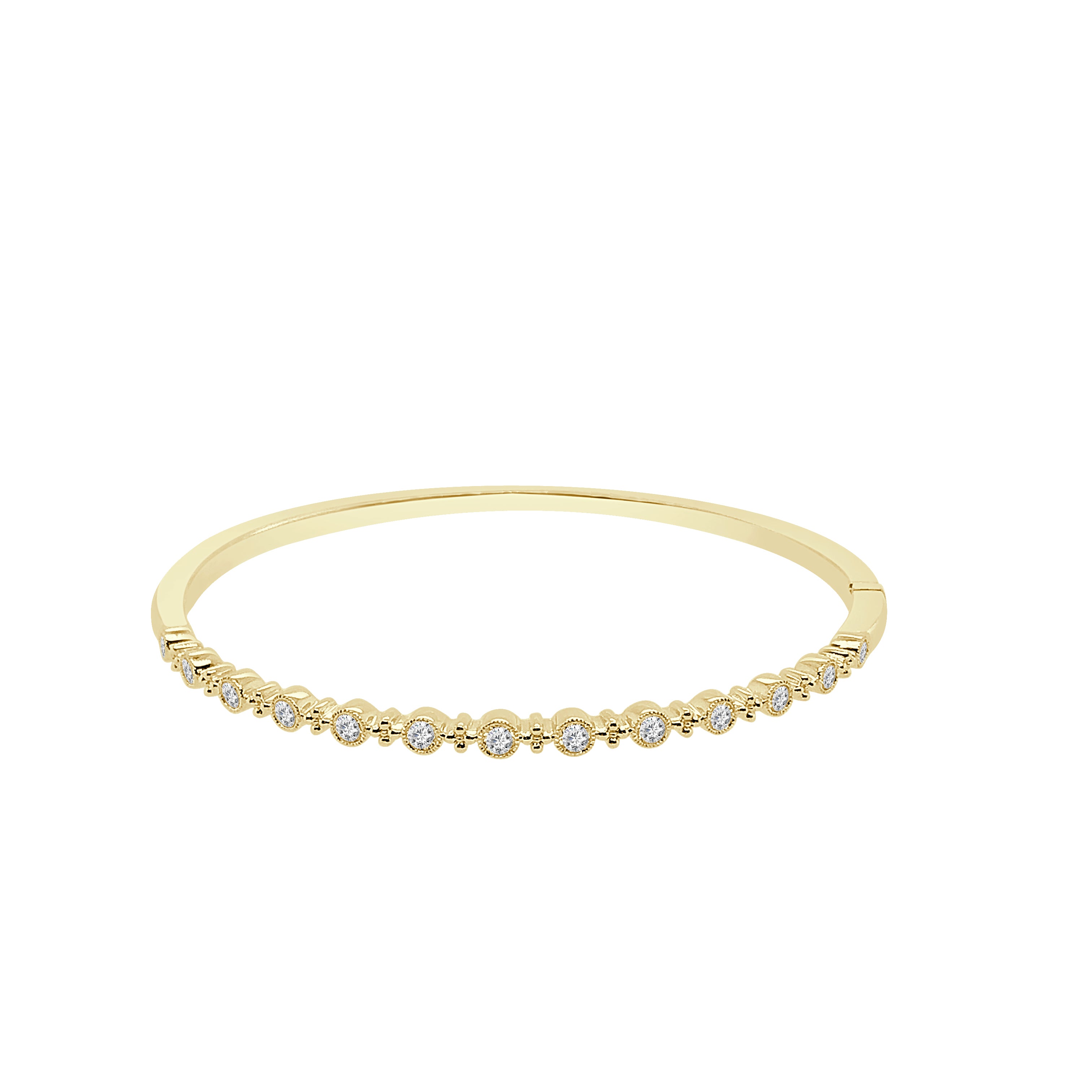 14K Yellow Gold Bangle Bracelet with Alt Rd Bezel &amp; Bead Hinge, Featuring a 0.77 Carat Natural Diamond