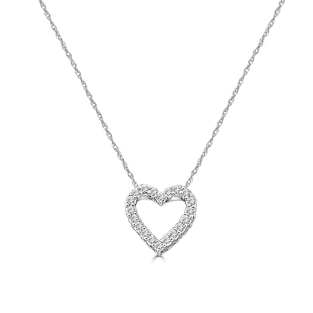 10K White Gold Open Heart Diamond Pendant Necklace with Natural Round Shape Diamonds (0.52 and 0.25 carats)
