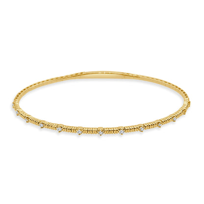 14K Yellow Gold Textured Station Flex Bangle Bracelet with 0.19 Ct Natural Diamond