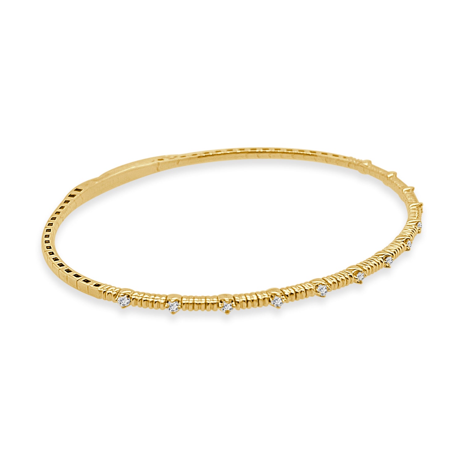 14K Yellow Gold Textured Station Flex Bangle Bracelet with 0.19 Ct Natural Diamond