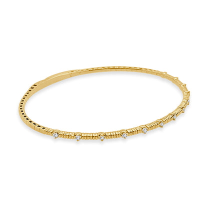 14K Yellow Gold Textured Station Flex Bangle Bracelet with 0.19 Ct Natural Diamond
