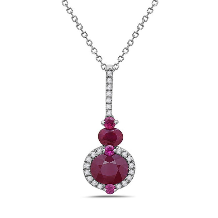 Exquisite Ruby Fancy Alt Round &amp; Oval Drop Necklace in 14 Karat White Gold (1.03 ct)