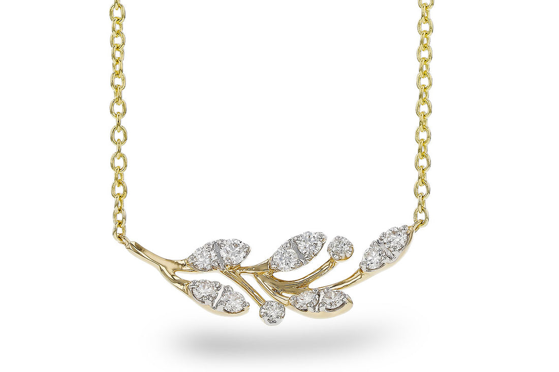 14K Yellow Gold Leaf Pendant Necklace with Natural Diamond 0.32 ct, Round Shape