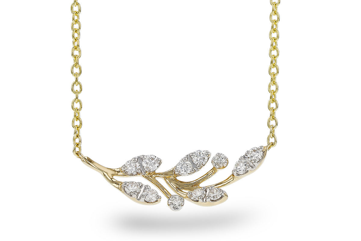 14K Yellow Gold Leaf Pendant Necklace with Natural Diamond 0.32 ct, Round Shape