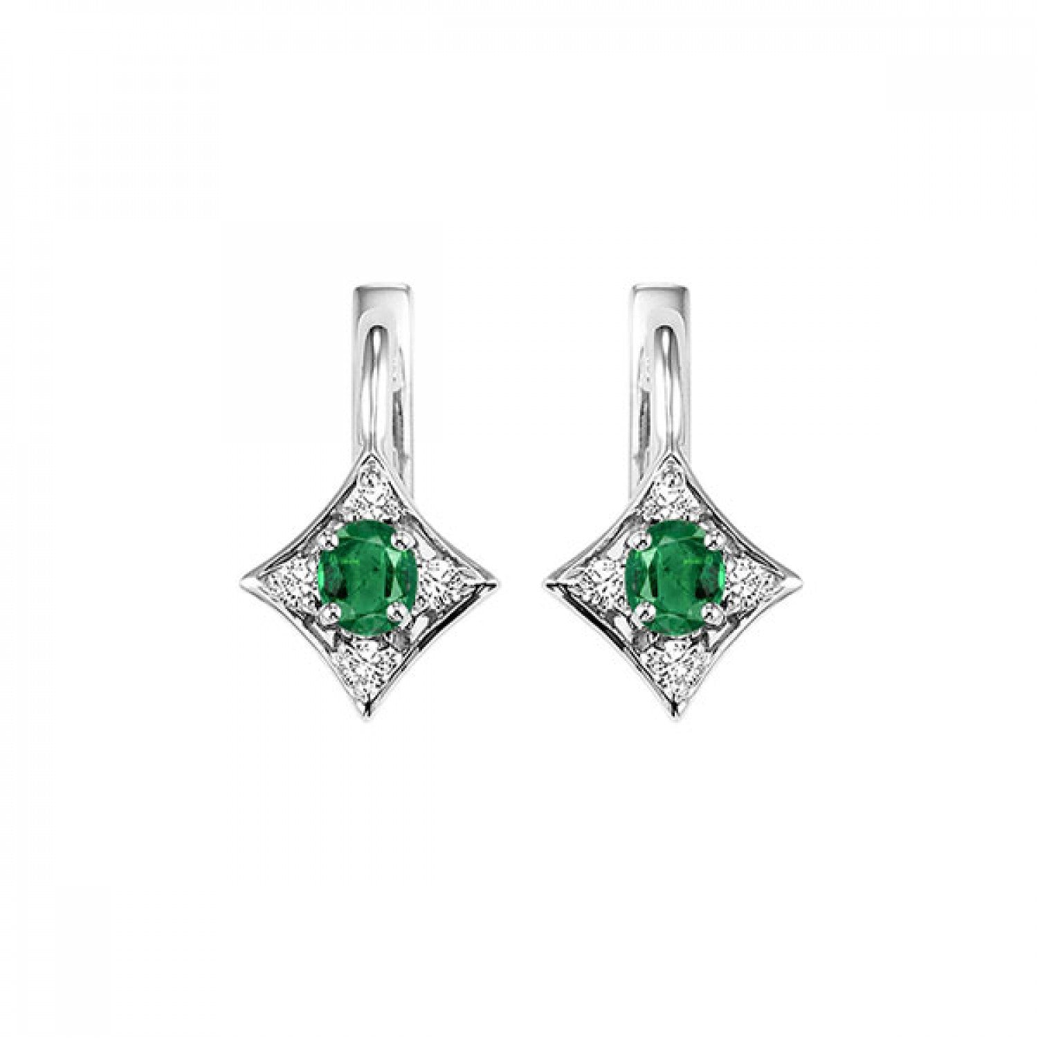 Emerald and Diamond Drop Earrings in 14 Karat White Gold - Oval Shape, 0.25 Carat