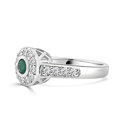 Emerald and Diamond Bezel Set Ring in 14 Karat White Gold - Round Shape 0.30 ct