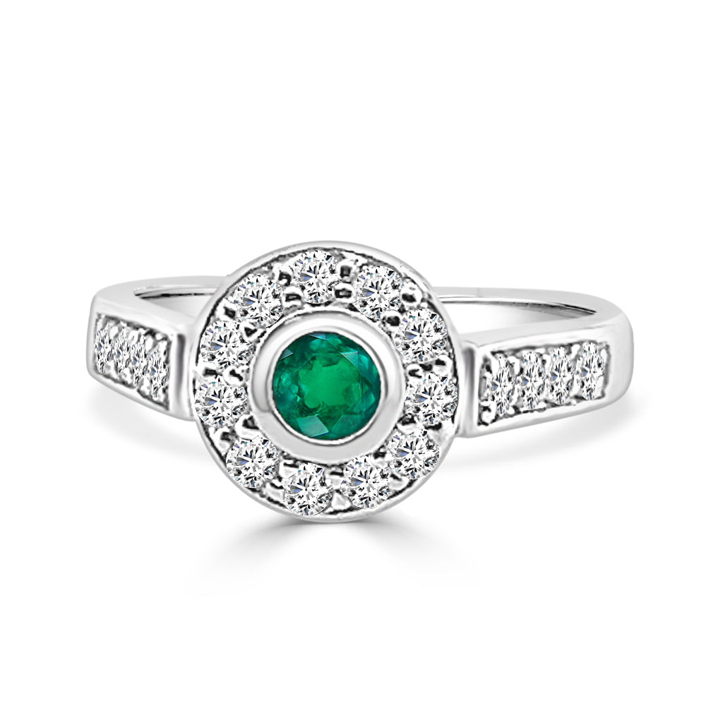 Emerald and Diamond Bezel Set Ring in 14 Karat White Gold - Round Shape 0.30 ct