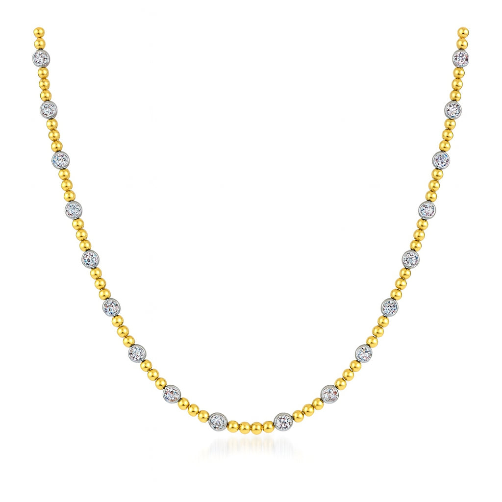 14 Karat Two-Tone Half Beaded Necklace with Natural Diamond - Round Shape 0.74 Carat