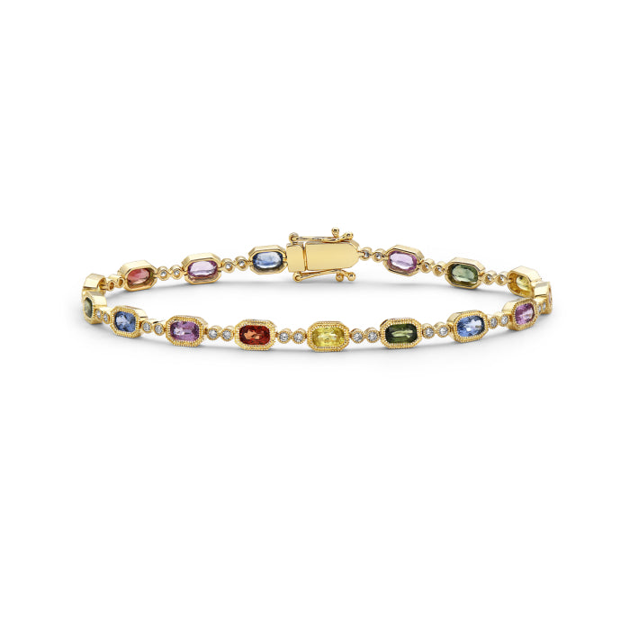 Multi-Color Sapphire Oval Bracelet in 14 Karat Yellow Gold - 5.12 ct