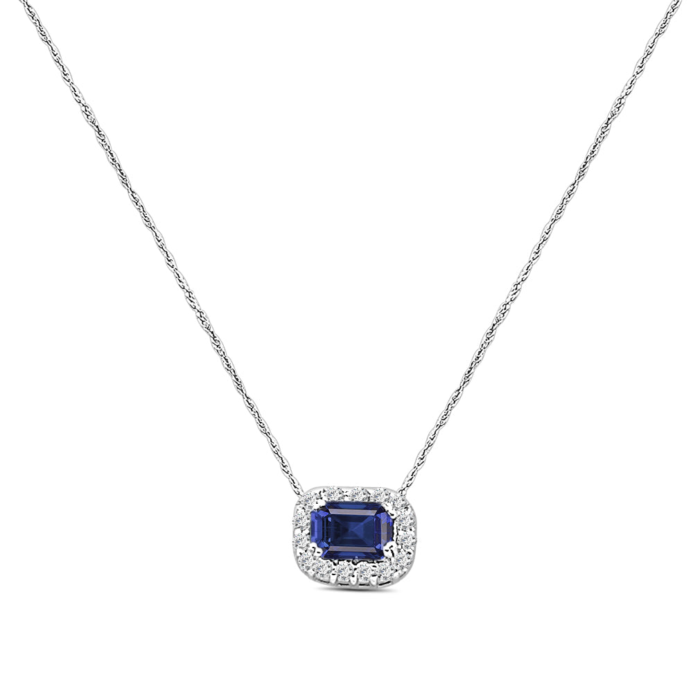 14K White Gold Blue Sapphire and Diamond Emerald Shape Necklace Pendant 0.70 Carat