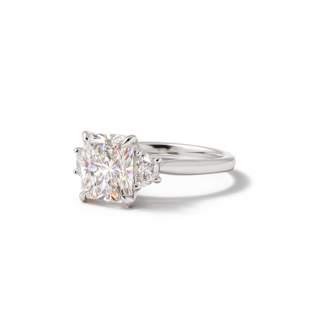 Radiant Radiance: 3.12ct Lab Diamond Three Stone Engagement Ring in 14K White Gold