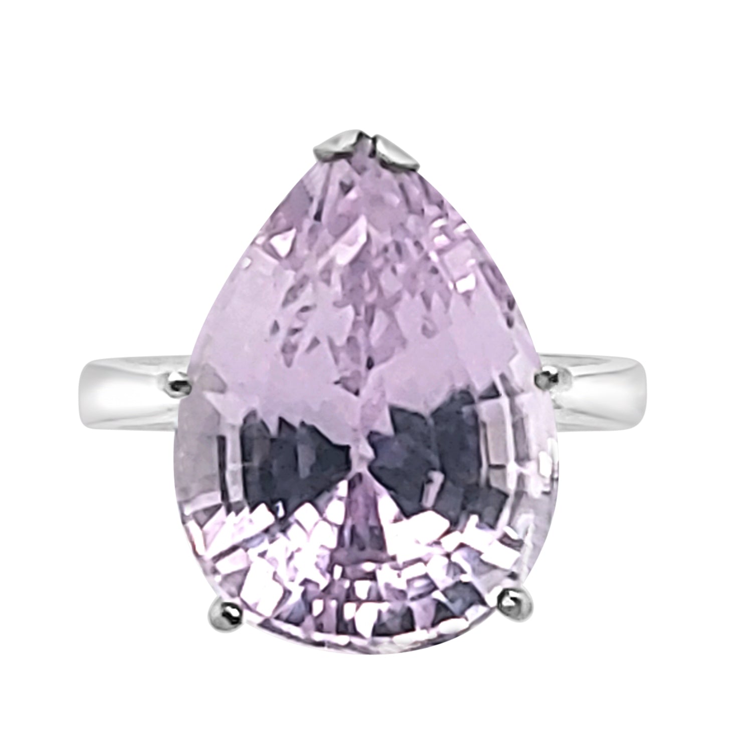 18 Karat White Gold Kunzite Pear Shape Ring - 10.61 Carats