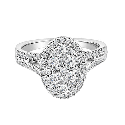 1.00 ct Natural Diamond Split Shank Cluster Oval Engagement Ring in 14K White Gold
