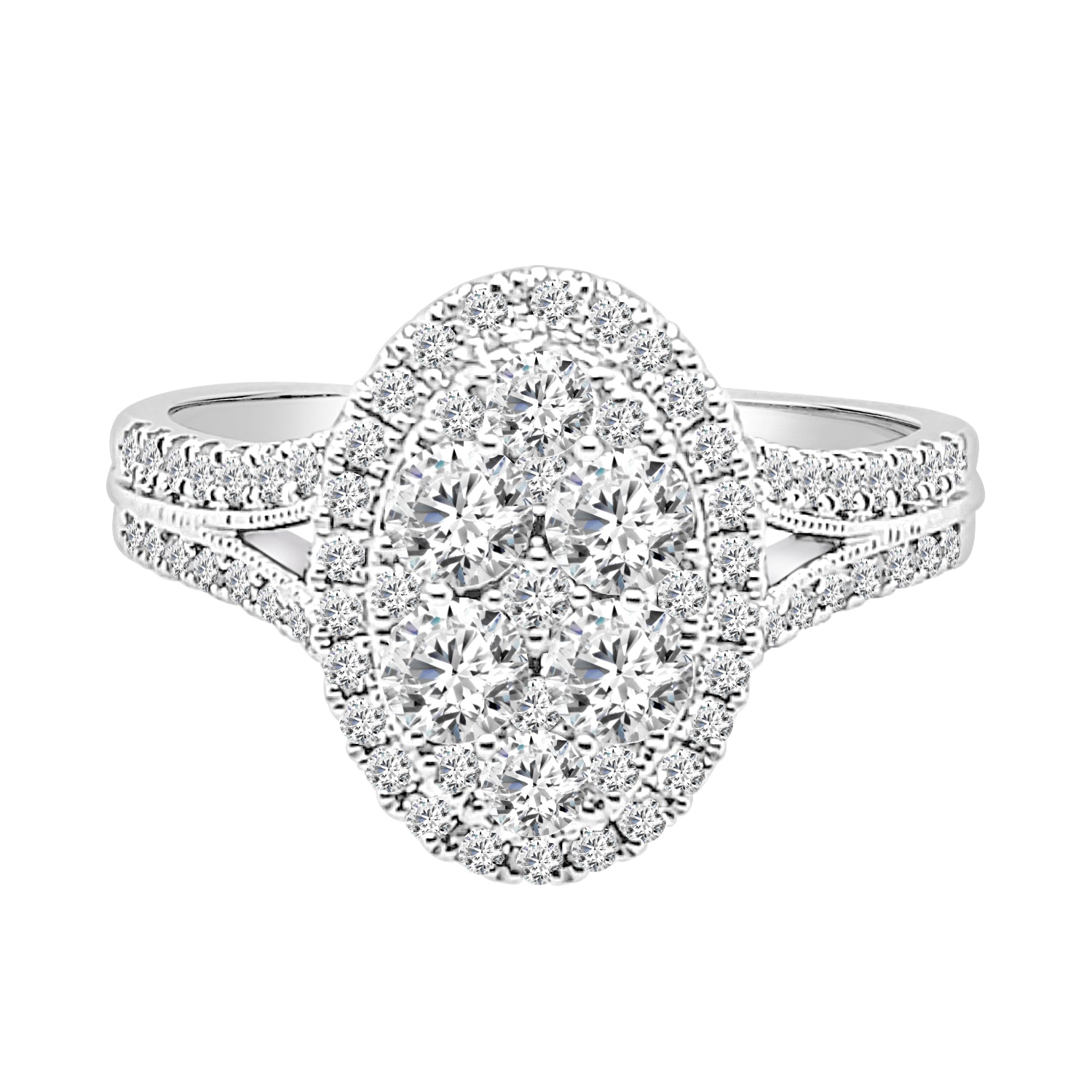 1.00 ct Natural Diamond Split Shank Cluster Oval Engagement Ring in 14K White Gold