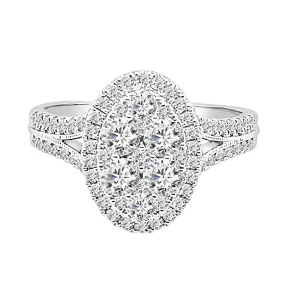 1.00 ct Natural Diamond Split Shank Cluster Oval Engagement Ring in 14K White Gold
