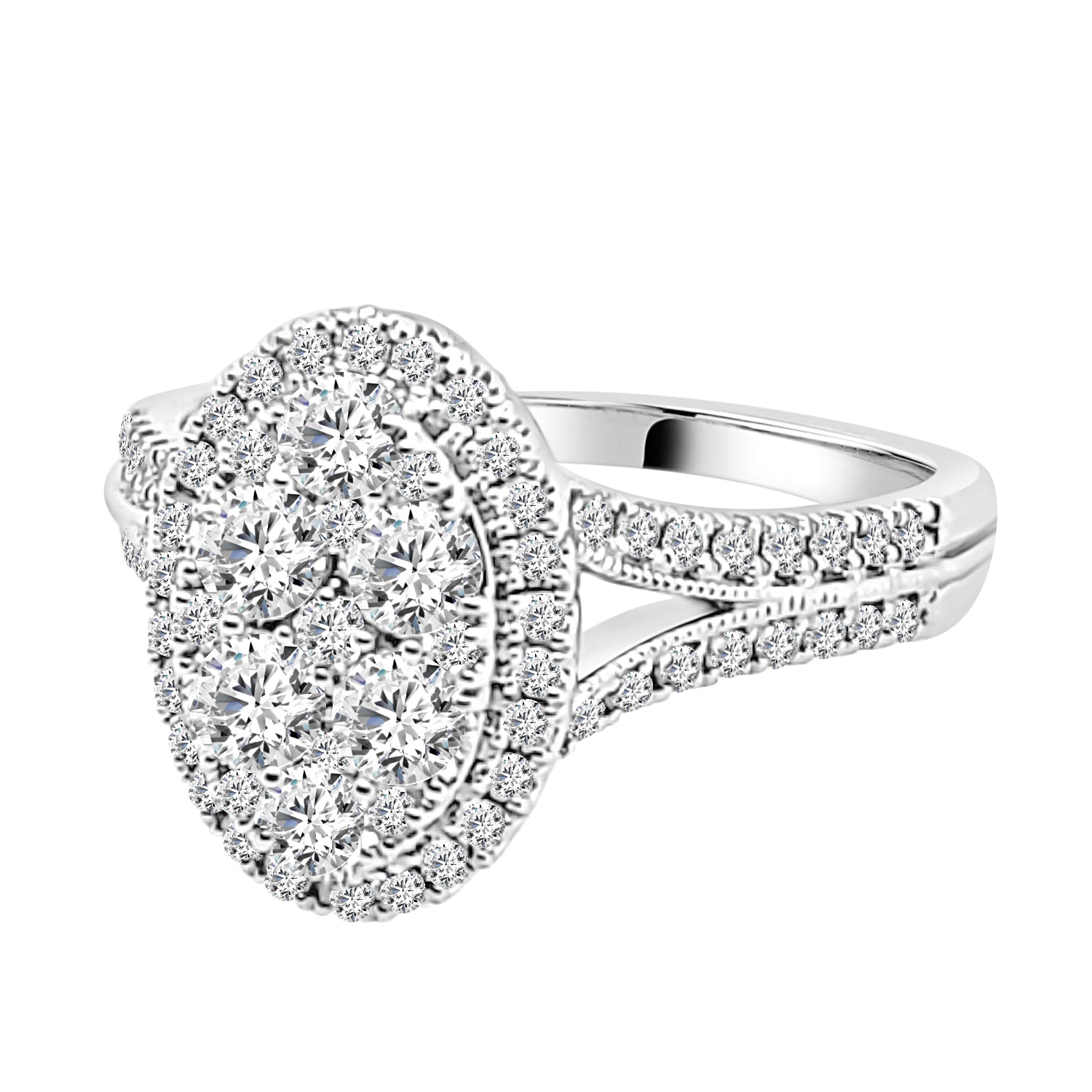 1.00 ct Natural Diamond Split Shank Cluster Oval Engagement Ring in 14K White Gold