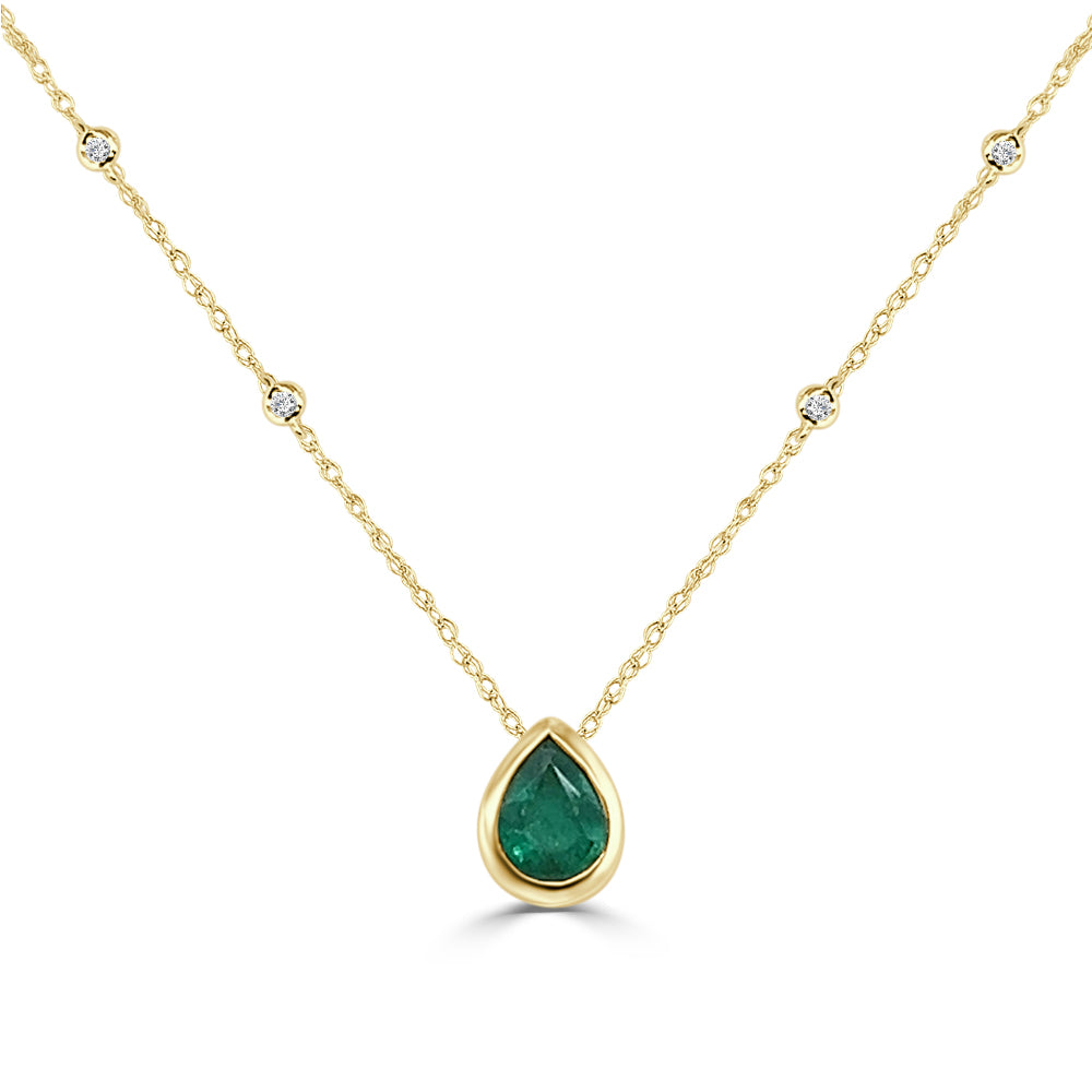 14K Yellow Gold Emerald and Diamond Bezel Set Pear Necklace - 1.80 Carats