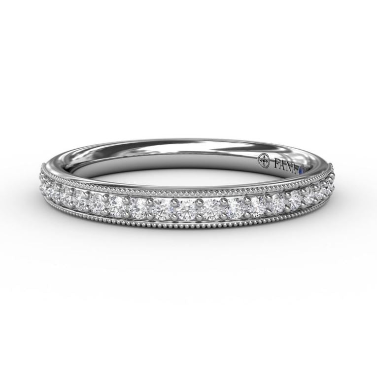 14K White Gold Milgrain Wedding Band with 0.21ct Natural Diamond