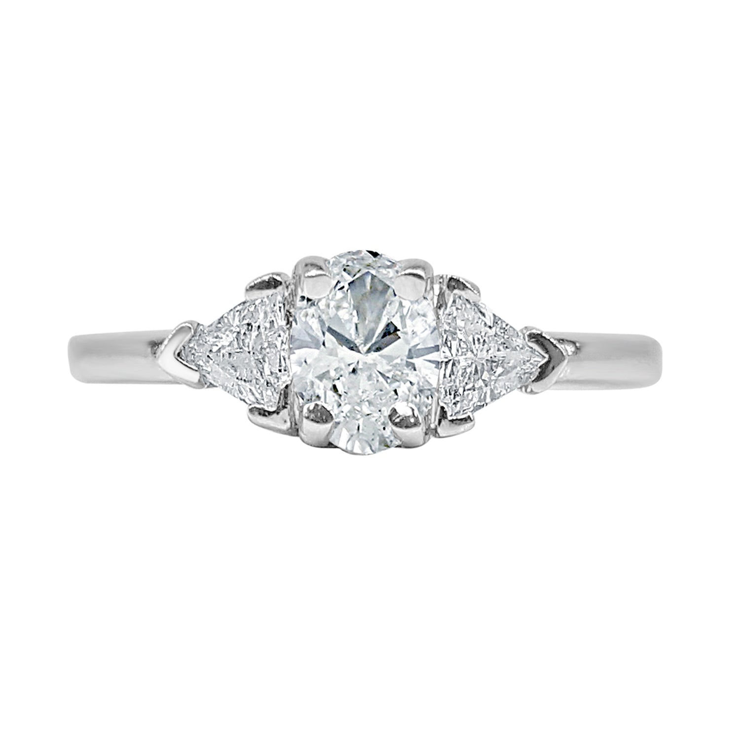 Oval &amp; Trillion Diamond Engagement Ring in 14K White Gold - 0.71 Carats