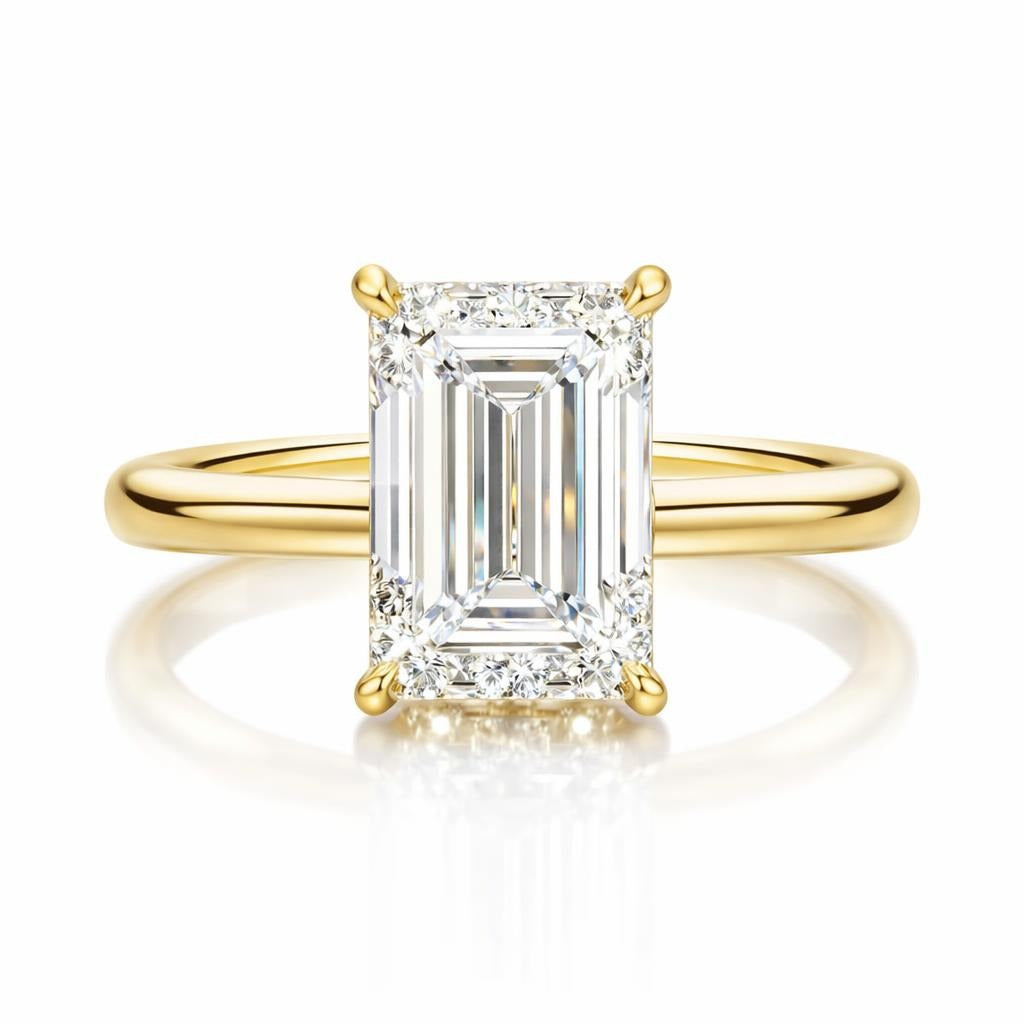 Emerald Cut Solitaire Engagement Ring with Hidden Halo