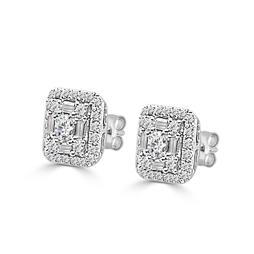Elegant 14k White Gold Mosaic Square Stud Earrings with 1.00 Carat Natural Round Diamond