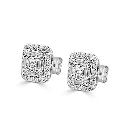 Elegant 14k White Gold Mosaic Square Stud Earrings with 1.00 Carat Natural Round Diamond