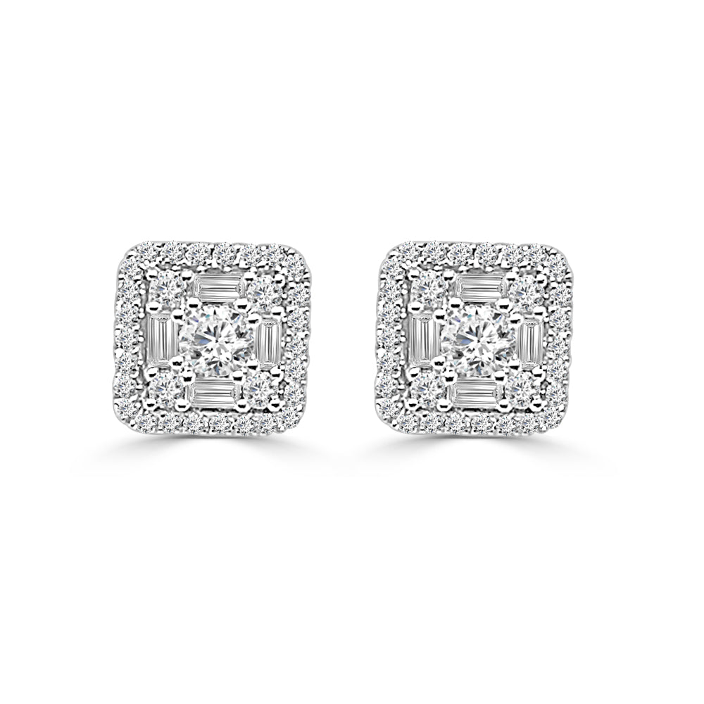 Elegant 14k White Gold Mosaic Square Stud Earrings with 1.00 Carat Natural Round Diamond