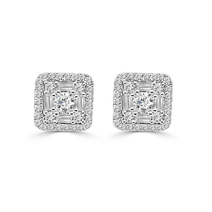 Elegant 14k White Gold Mosaic Square Stud Earrings with 1.00 Carat Natural Round Diamond