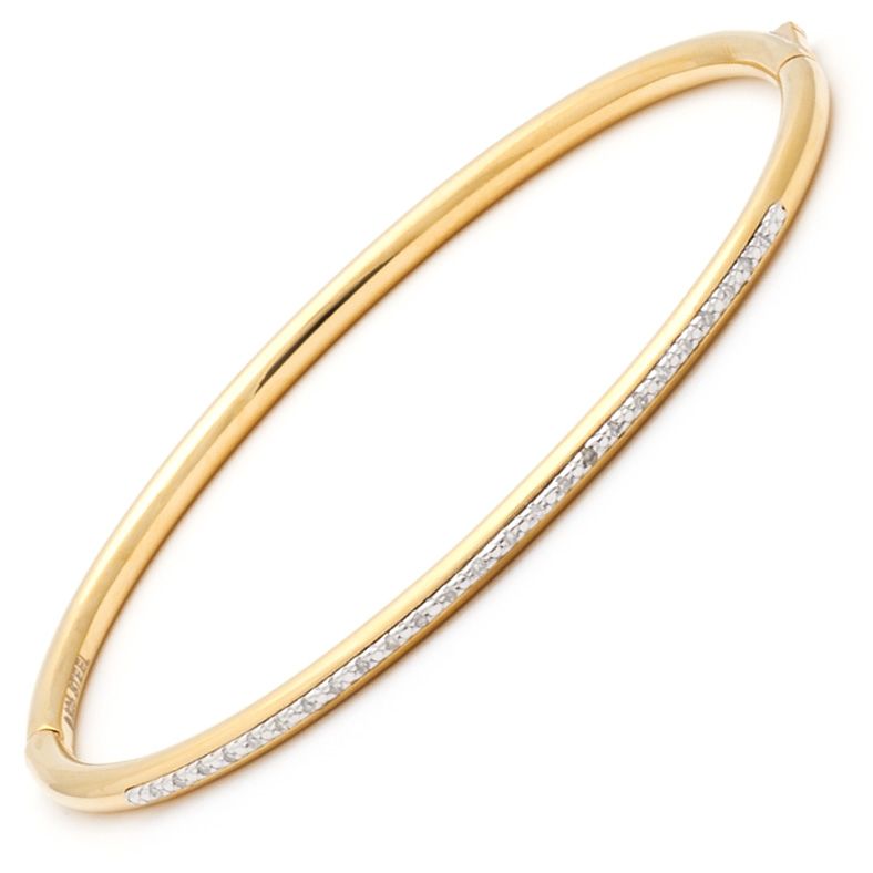 Gold Plated Sterling Silver Bangle Bracelet with Prong Set Hinge and 0.10 Carat Natural Diamond Accent