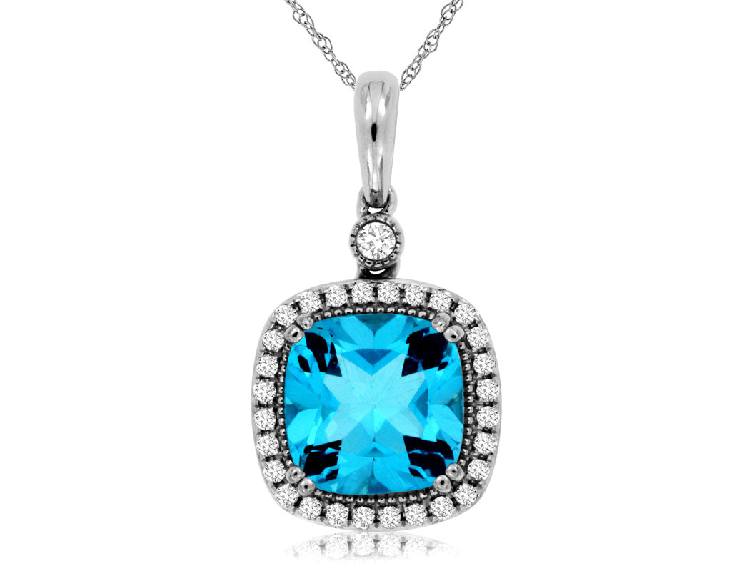 14 Karat White Gold Halo Necklace with Cushion-Shaped Blue Topaz (2.60 ct)