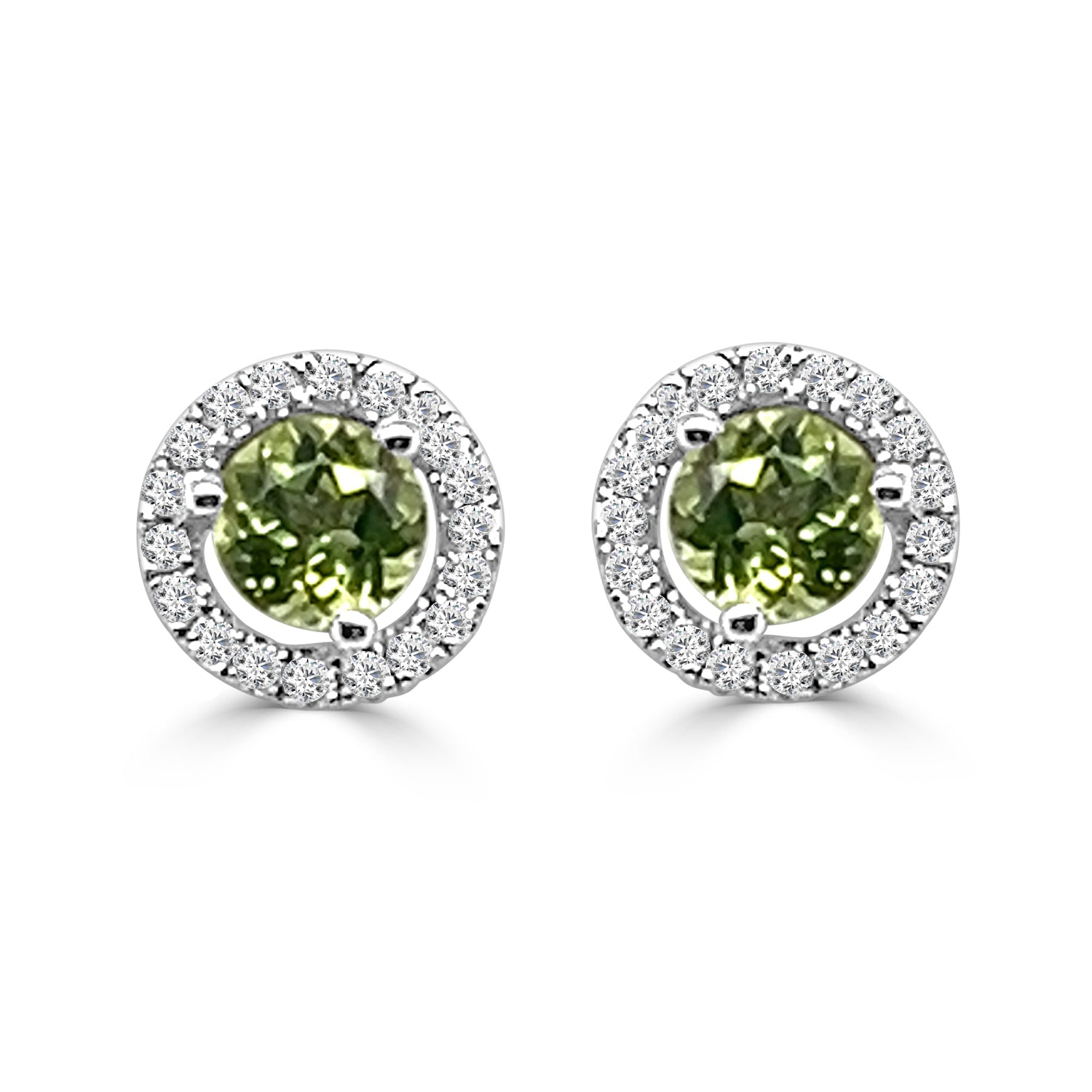 Peridot and Diamond Stud Earrings in 14 Karat White Gold - Round Shape 0.85