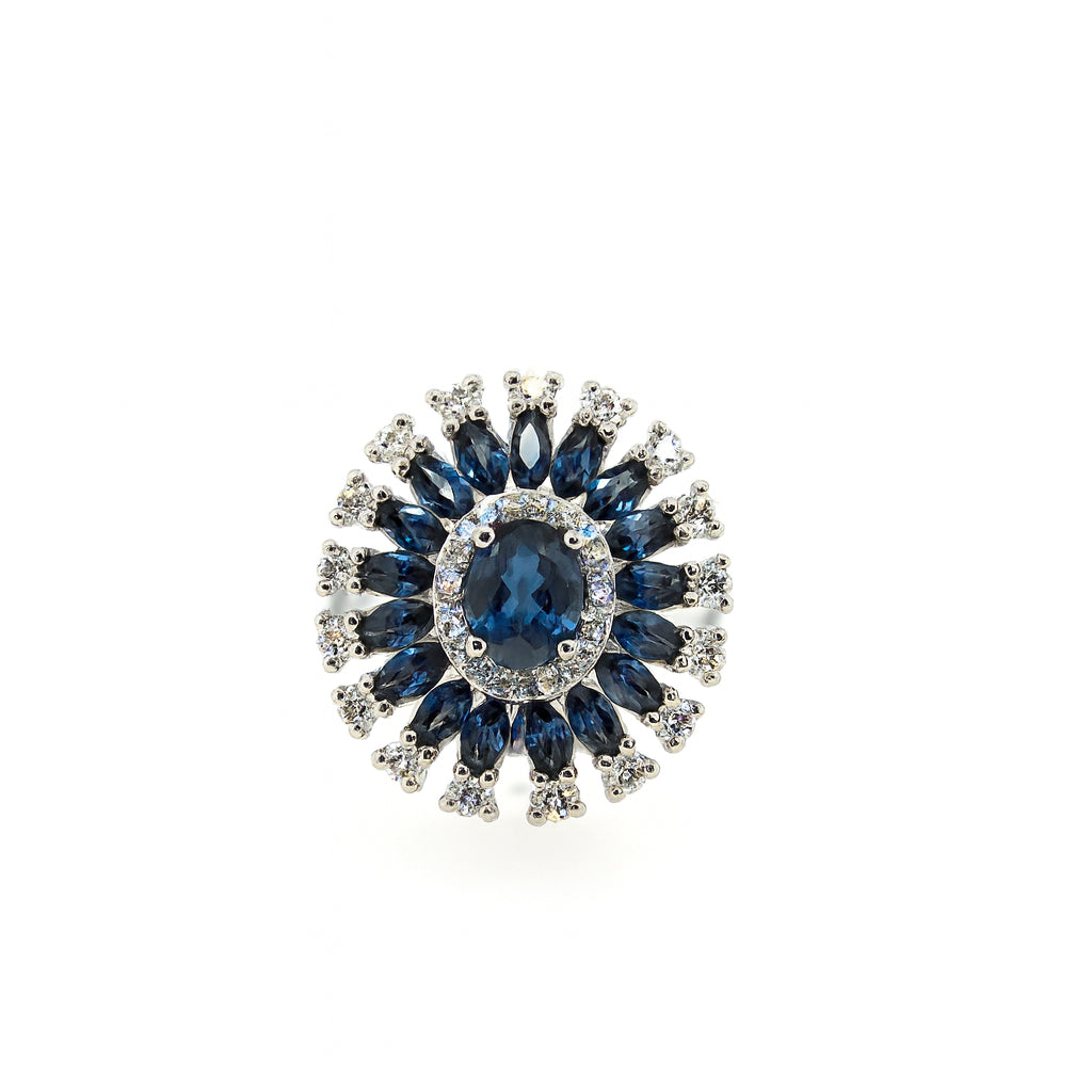 14K White Gold Blue Sapphire Multi-Halo Cocktail Ring - 3.16 ct