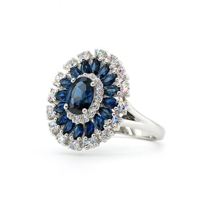 14K White Gold Blue Sapphire Multi-Halo Cocktail Ring - 3.16 ct