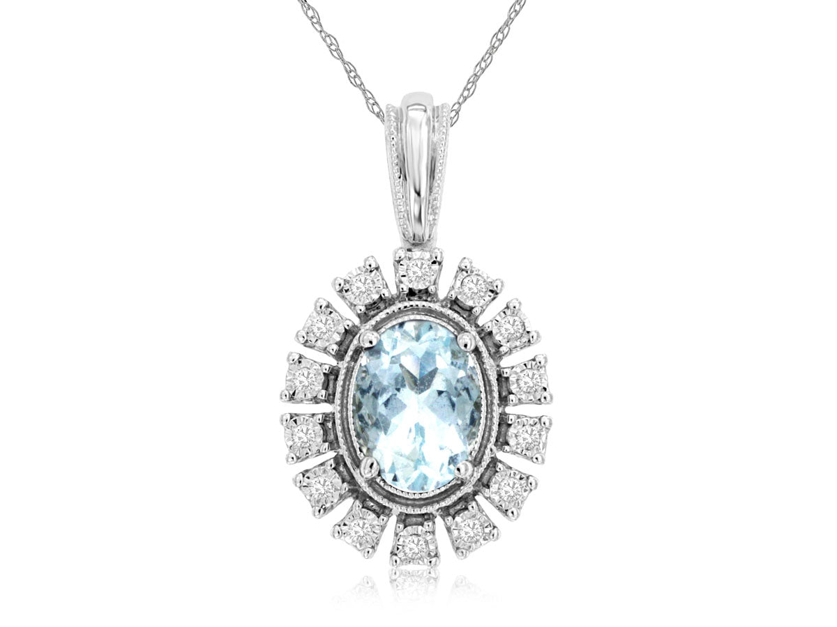 14K White Gold Aquamarine and Diamond Oval Pendant Necklace - 0.68 Carats