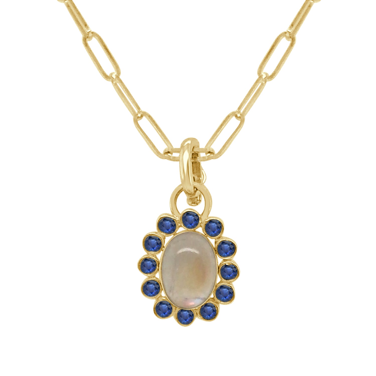 Kyanite Halo and Moonstone Cabochon Oval Pendant Necklace in 14K Yellow Gold
