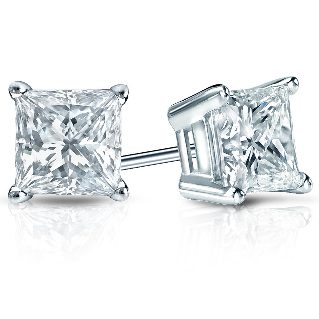 Princess Cut Solitaire Studs in 14 Karat White Gold with 0.30 Carat Natural Diamond, Prong Set