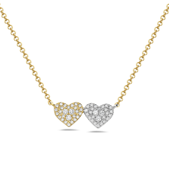 14 Karat Two-Tone Necklace with Connected Hearts Featuring Natural Diamond, Round Shape 0.18