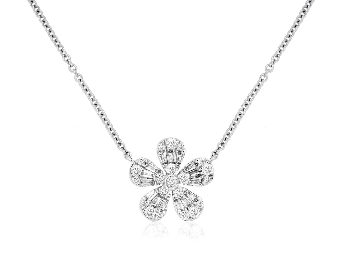 14K White Gold Mosaic Flower Necklace with Natural Diamond 0.28 ct