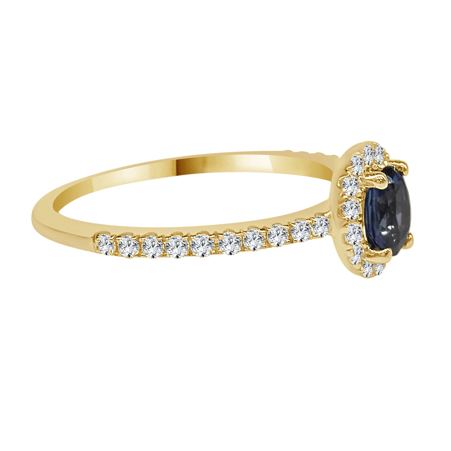 14K Yellow Gold Oval Halo Blue Sapphire Ring with 0.35ct Oval Shape