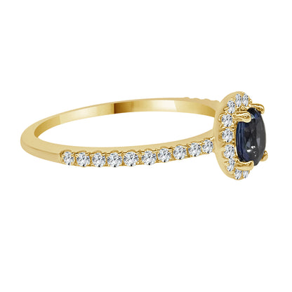 14K Yellow Gold Oval Halo Blue Sapphire Ring with 0.35ct Oval Shape