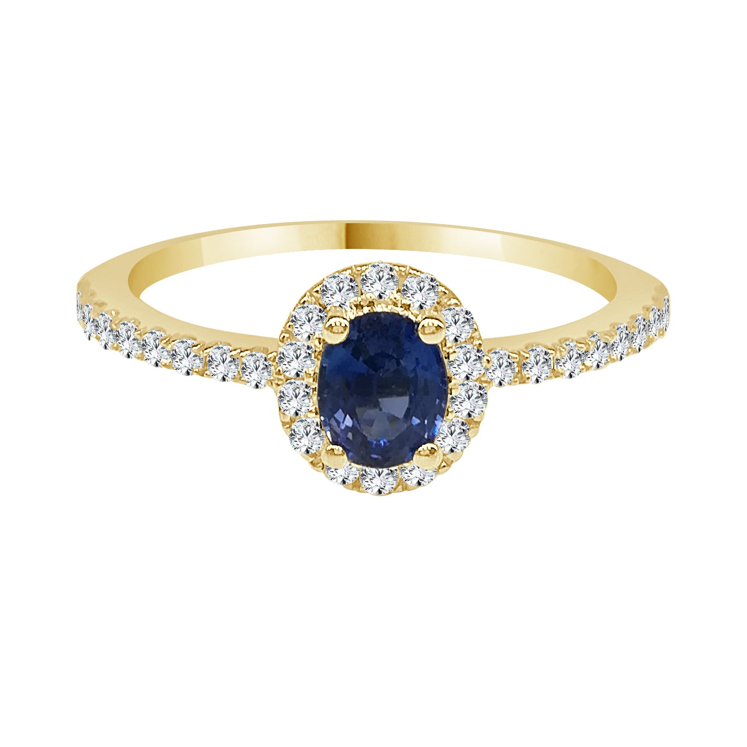 14K Yellow Gold Oval Halo Blue Sapphire Ring with 0.35ct Oval Shape