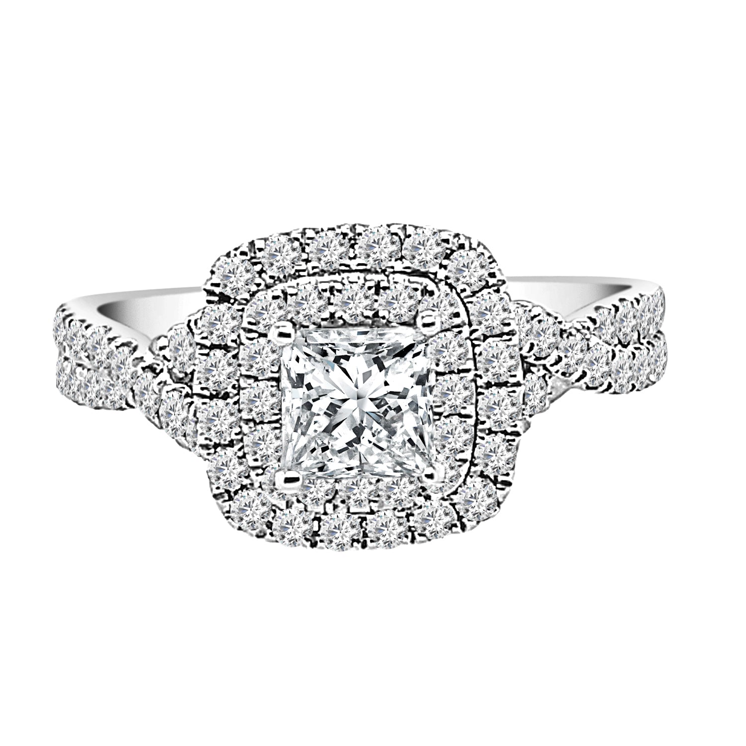 Sure, how about this title: 14K White Gold Twist Shank Double Engagement Ring with 0.63 Carat Princess Cut Natural Diamond