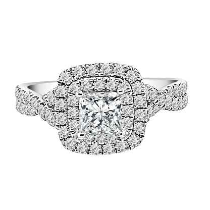 Sure, how about this title: 14K White Gold Twist Shank Double Engagement Ring with 0.63 Carat Princess Cut Natural Diamond