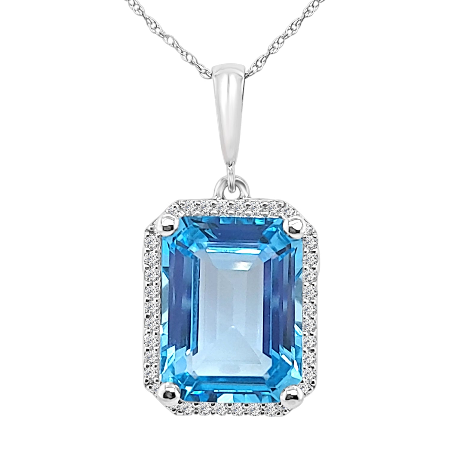 Emerald Halo Blue Topaz Necklace in 14K White Gold - 11.85 Carats