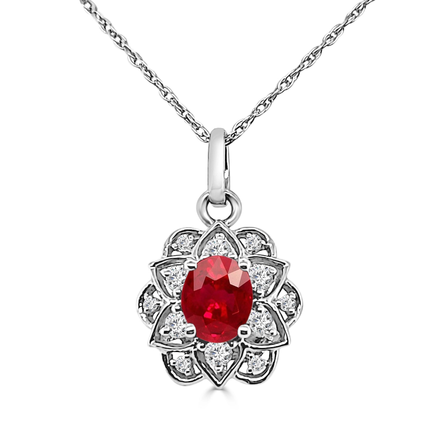Ruby Floral Halo Necklace in 14 Karat White Gold, Oval Shape - 0.41 Carats