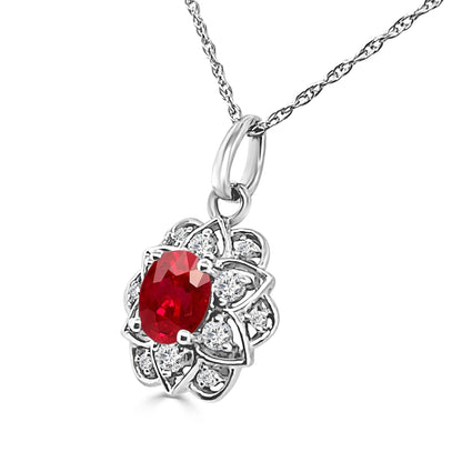 Ruby Floral Halo Necklace in 14 Karat White Gold, Oval Shape - 0.41 Carats