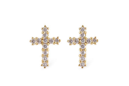 14K Yellow Gold Cross Stud Earrings with Natural Diamond 0.15 Carat Round Shape