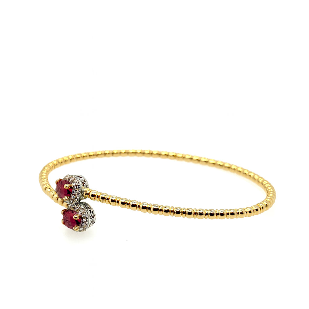 14 Karat Two-Tone Diamond and Ruby Wrap Bangle Bracelet with Oval-Shaped Rubies - 0.98 Carats